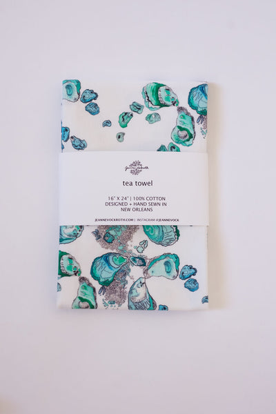 Oyster Tea Towel in Calm Aqua, Gray, and White