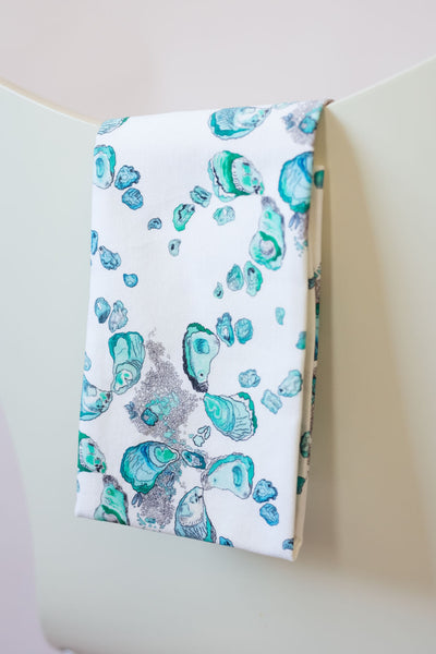 Oyster Tea Towel in Calm Aqua, Gray, and White