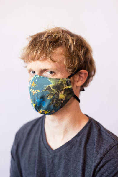 French Quarter Ferns Cotton Face Mask - in Warm Gray, Royal Blue, and Blush