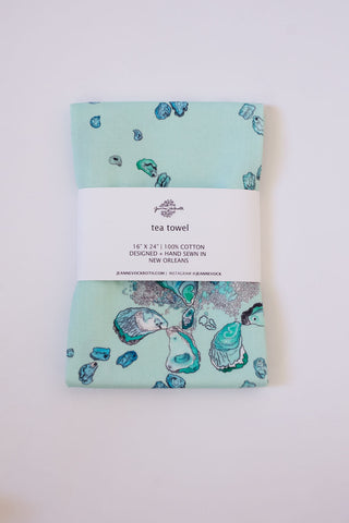 Oyster Tea Towel in Calm Aqua, Gray, and White