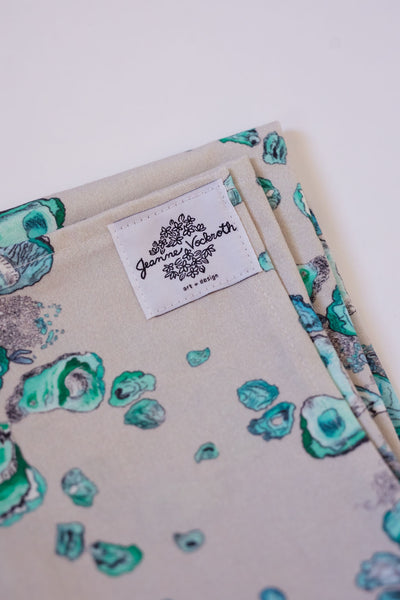 Oyster Tea Towel in Calm Aqua, Gray, and White