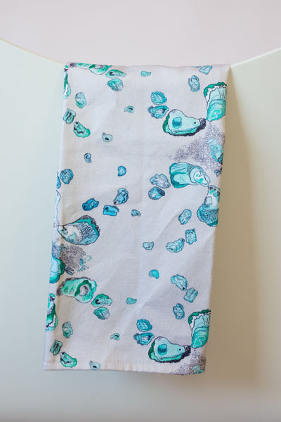 Oyster Tea Towel in Calm Aqua, Gray, and White