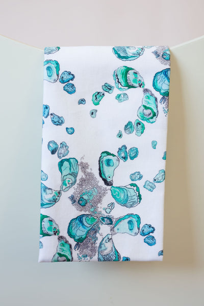 Oyster Tea Towel in Calm Aqua, Gray, and White