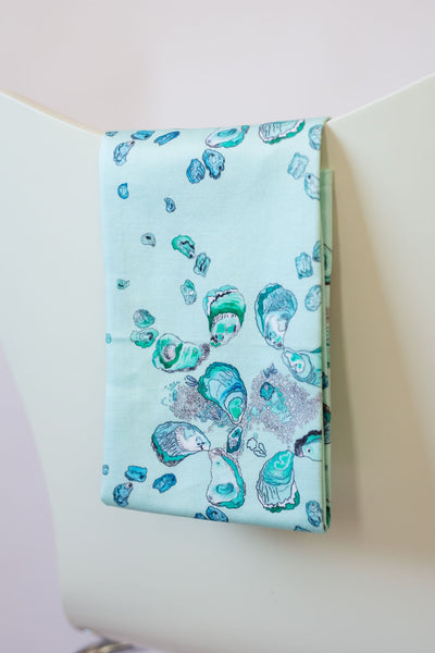 Oyster Tea Towel in Calm Aqua, Gray, and White